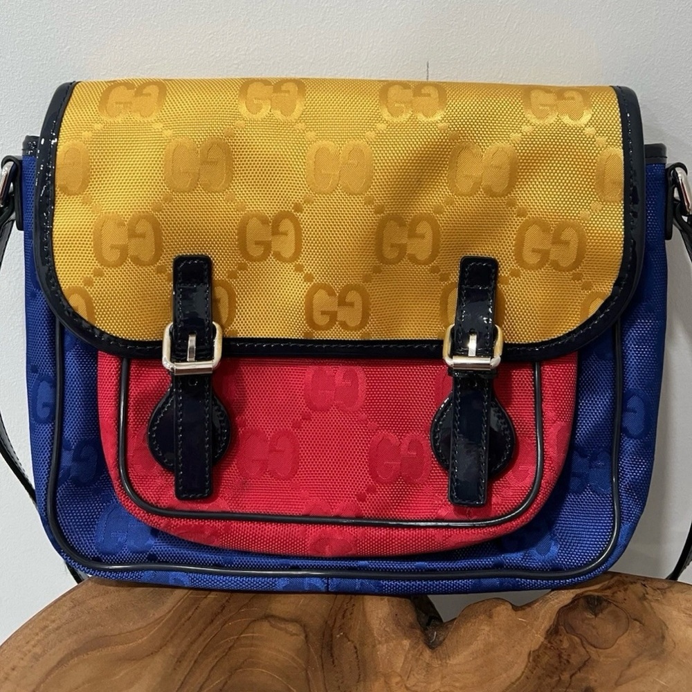 GUCCI  Monogram GG Childrens Messenger Bag Yellow Blue Red